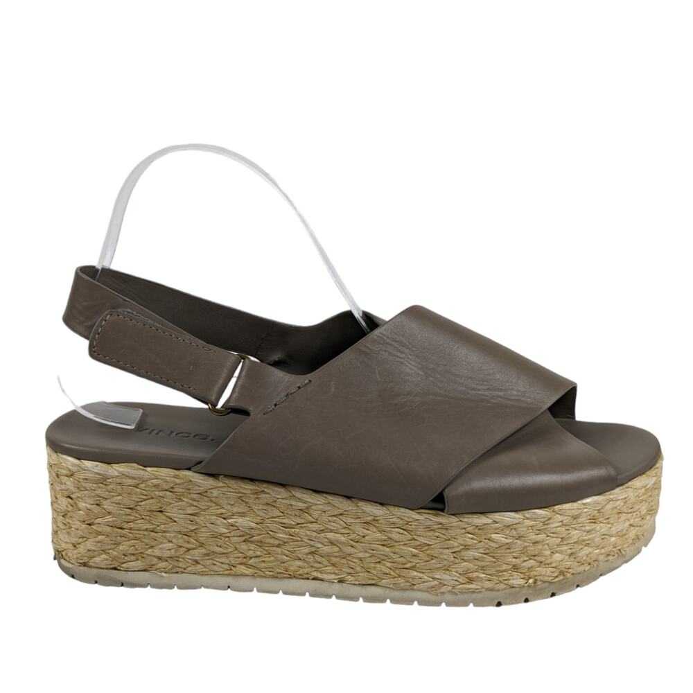Vince Sandals 9.5 Taupe Tan Leather Criss Cross Platform Slingback Straw Sole